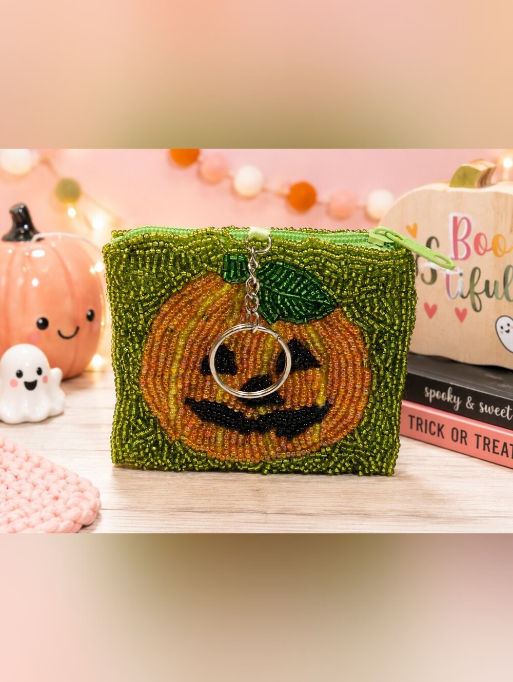 🎃 Adorable Beaded Pumpkin Zipper Pouch & Keychain